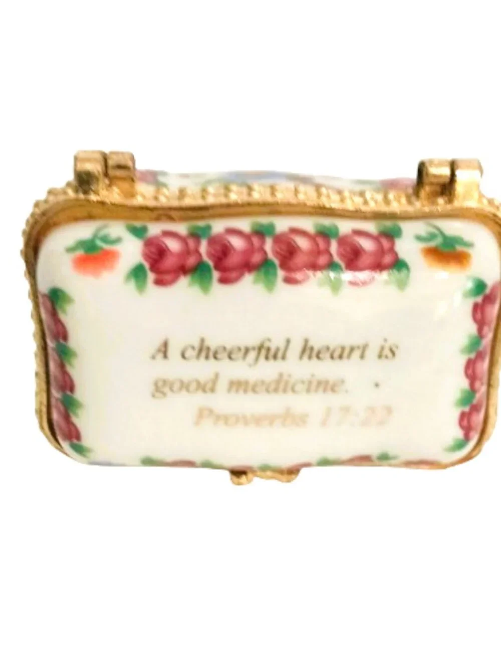 Imperial Porcelain Hinged Trinket Box Vtg Pink Floral with Bible Verse Gold Trim